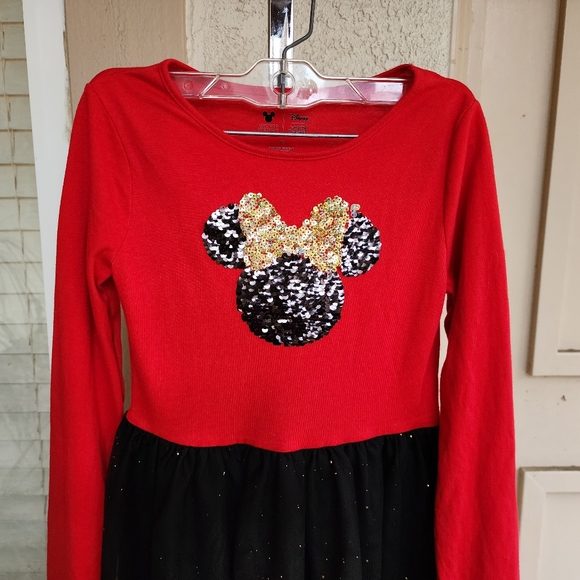 8 Girls Kids DISNEY Sequin Minnie Mouse Long Sleeve Tulle Dress red black - Picture 3 of 13